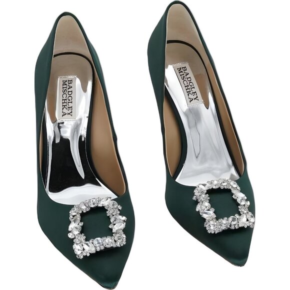 Badgley Mischka Cher Crystal Buckle Satin Pumps Green Elegant Heels US 8.5 - Picture 1 of 6